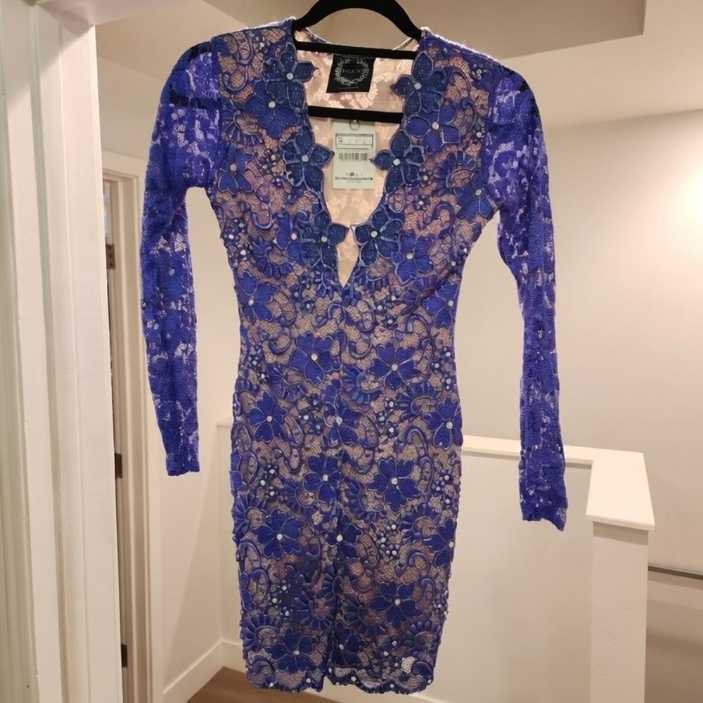 Chic Long Sleeve Blue Lace Dress
